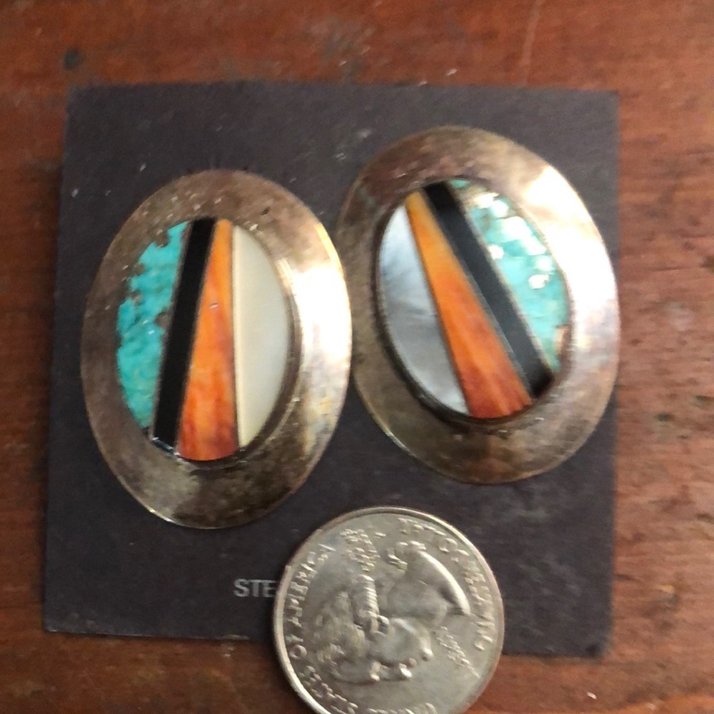 ZUNI sterling inlaid earrings HUGE
